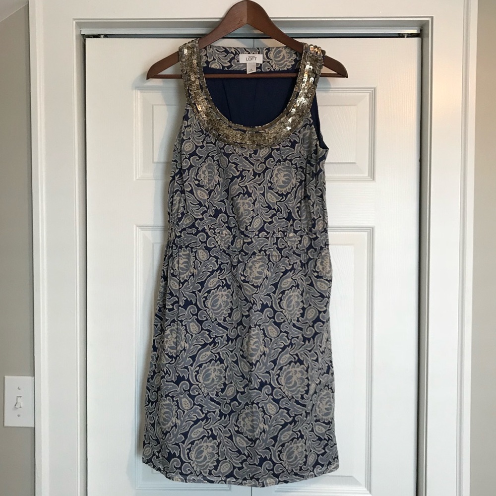 Loft blue print dress beading neckline sz 4